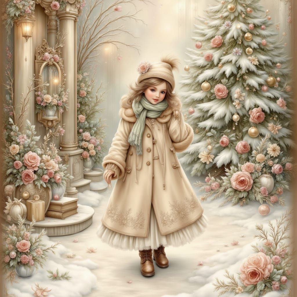 Young Girl Enjoys Winter Day Near Christmas Tree