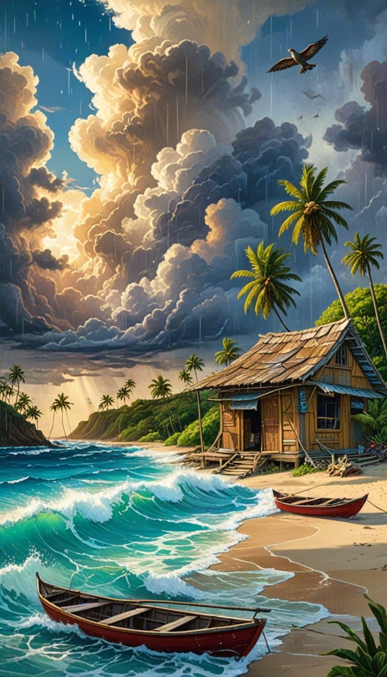 Surreal Hawaiian Hut in Stormy Sci-Fi Landscape