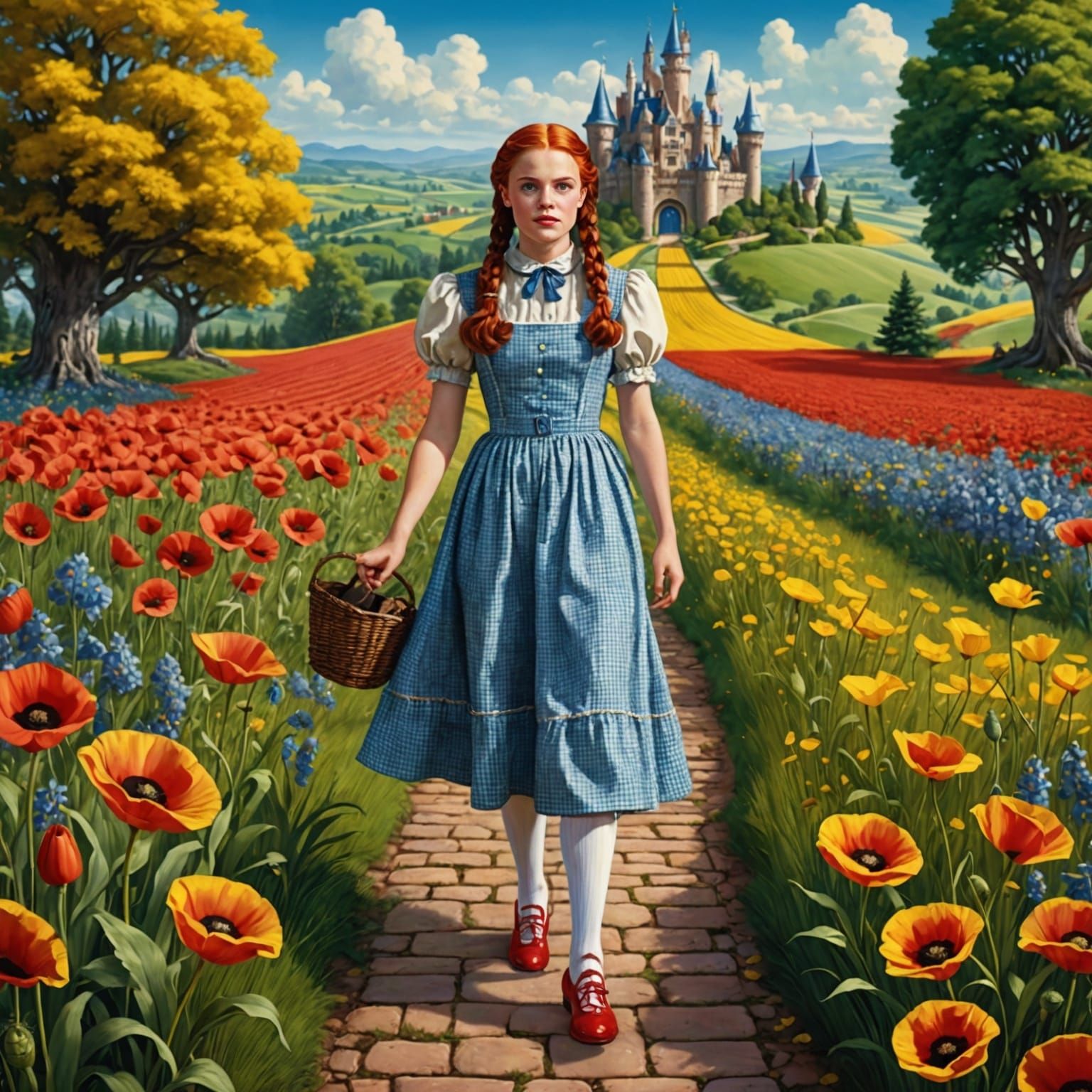 Dorothy on the Yellow Brick Road in a Fantastical Landscape