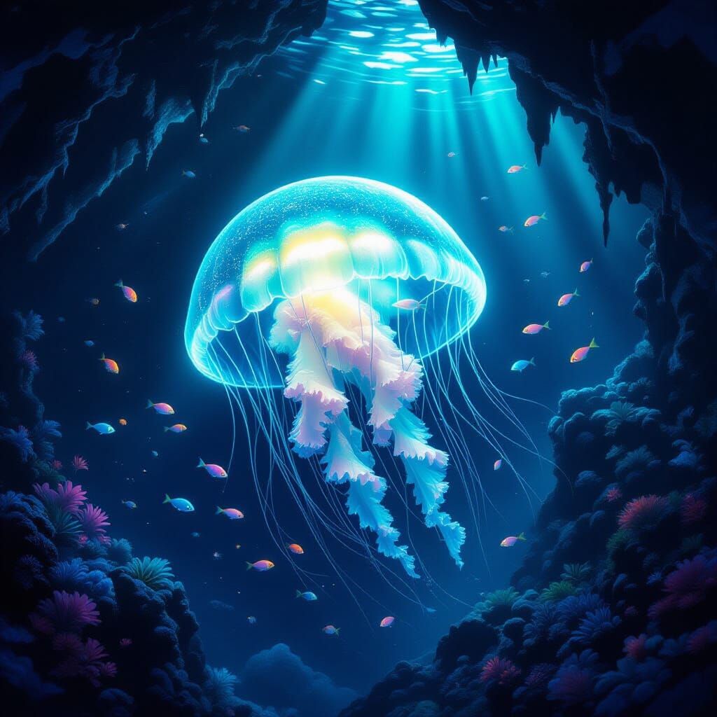 Luminescent Jellyfish Drifting in Deep-Sea Cave