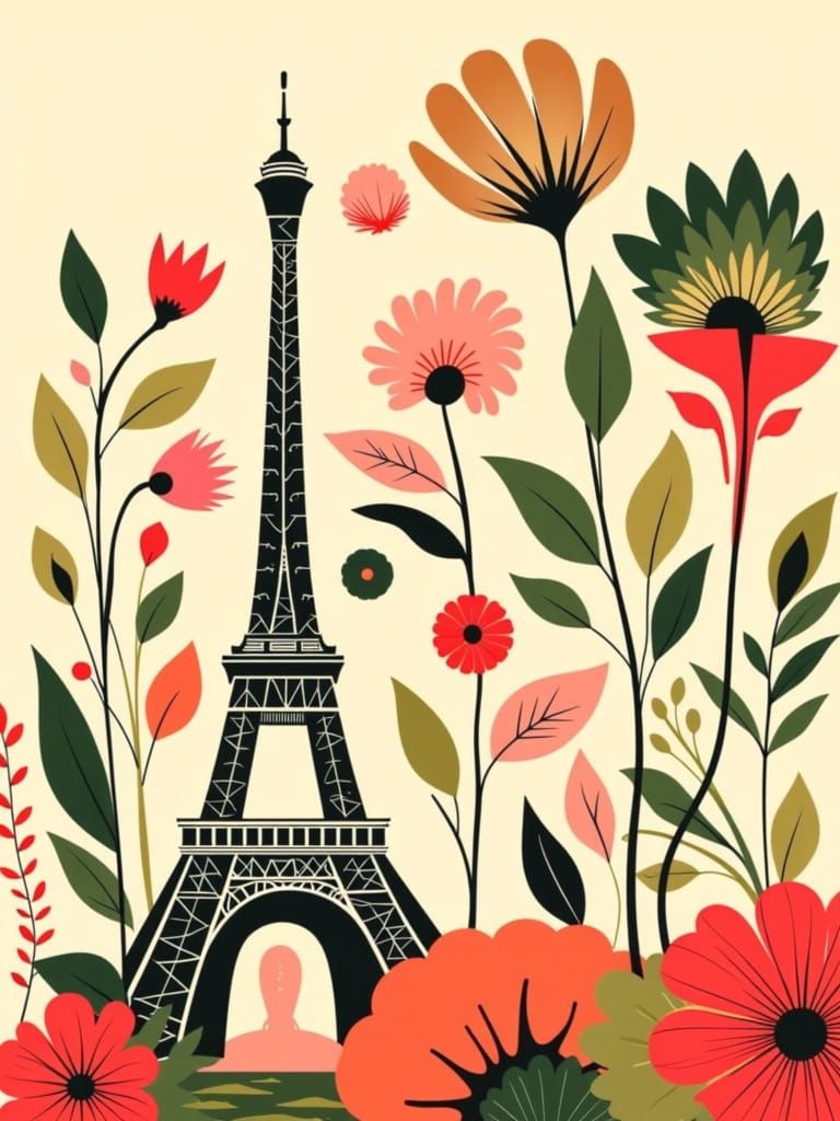 Vibrant Eiffel Tower Illustration in Mid-Century Modern Styl...