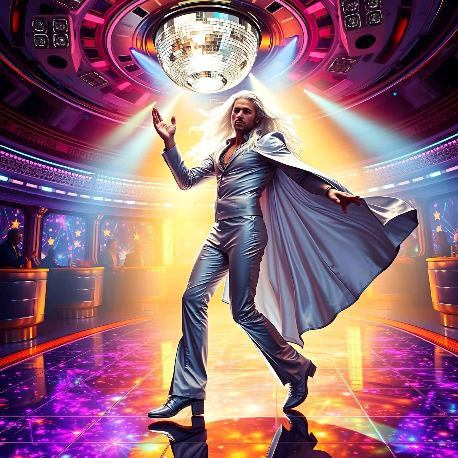 Glowing Disco in Space: Handsome Man Shines under Neon Light...