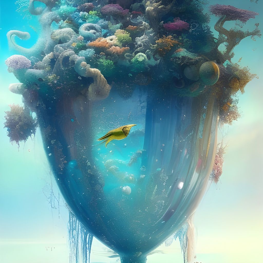 Whimsical Oceanic Scene in a Golden Hour Bottle