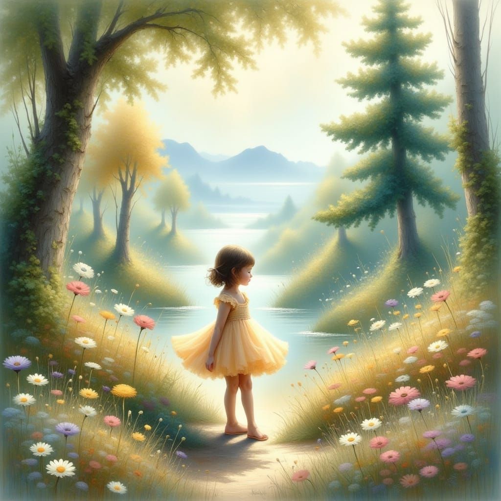 Kidcore Dreamscape: Watercolor Girl in Surreal Garden
