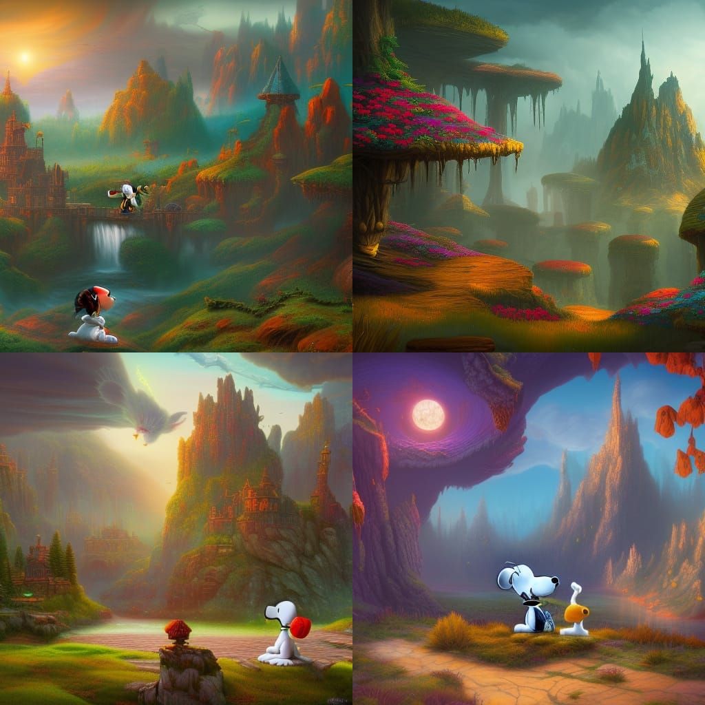 Whimsical Snoopy Scene in Vibrant Fantasy Colors