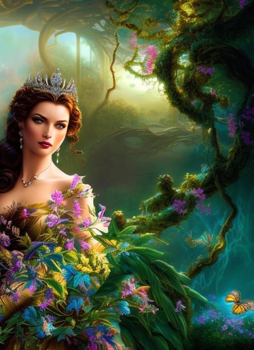 Fantasy Princess Portrait with Swirling Floral Design