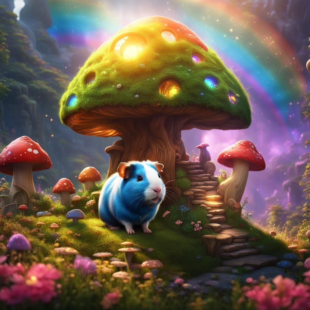 Guinea Pig and Fairy in Mushroom Village Art