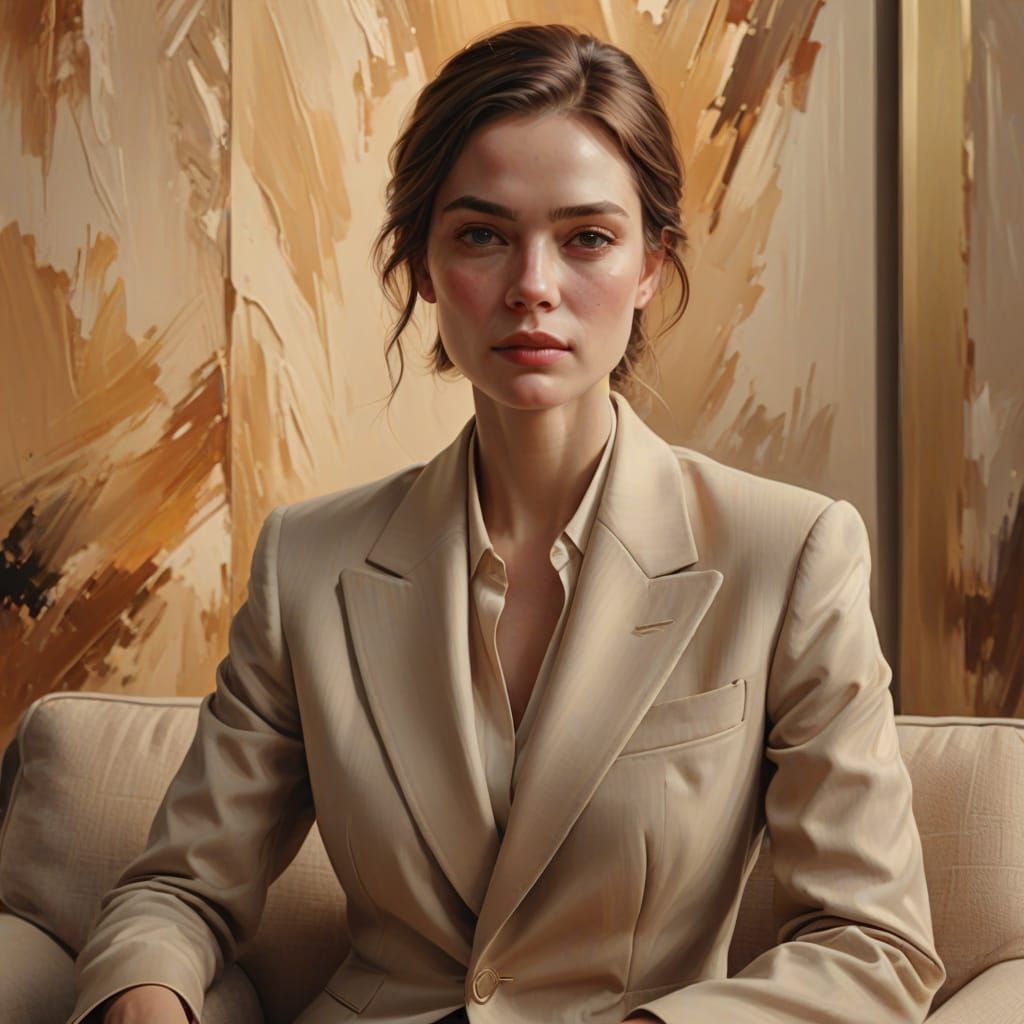 Woman in Beige Suit: Vibrant Oil Painting Style