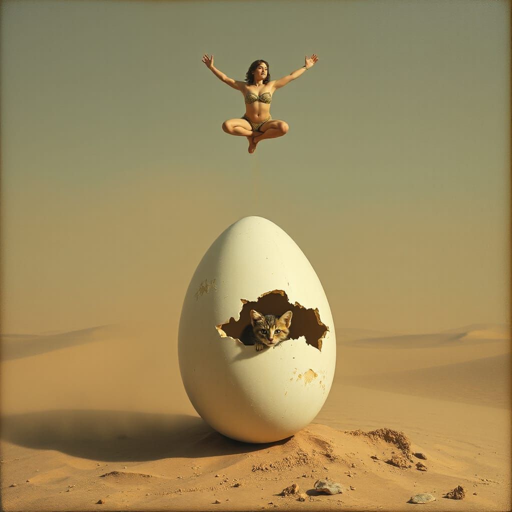 Acrobat on Cracked Egg with Kitten in Desert Landscape