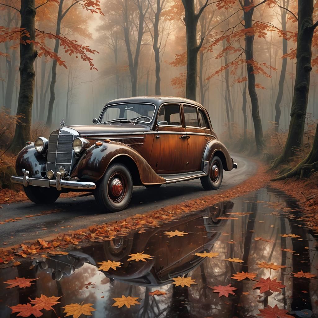1940s Mercedes on Misty Autumn Road in Oil Painting Style