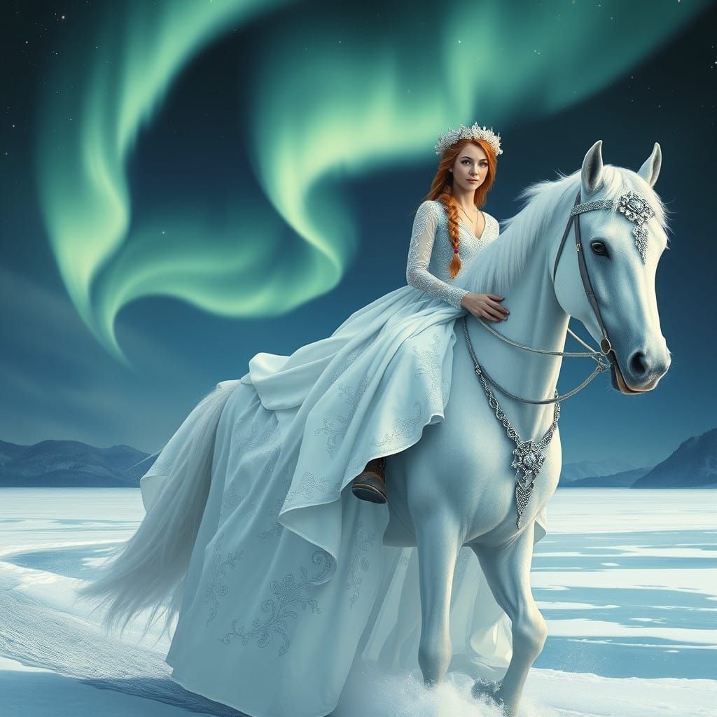 Nordic Bride Rides Sleipnir across Frozen Lake in Whimsical...
