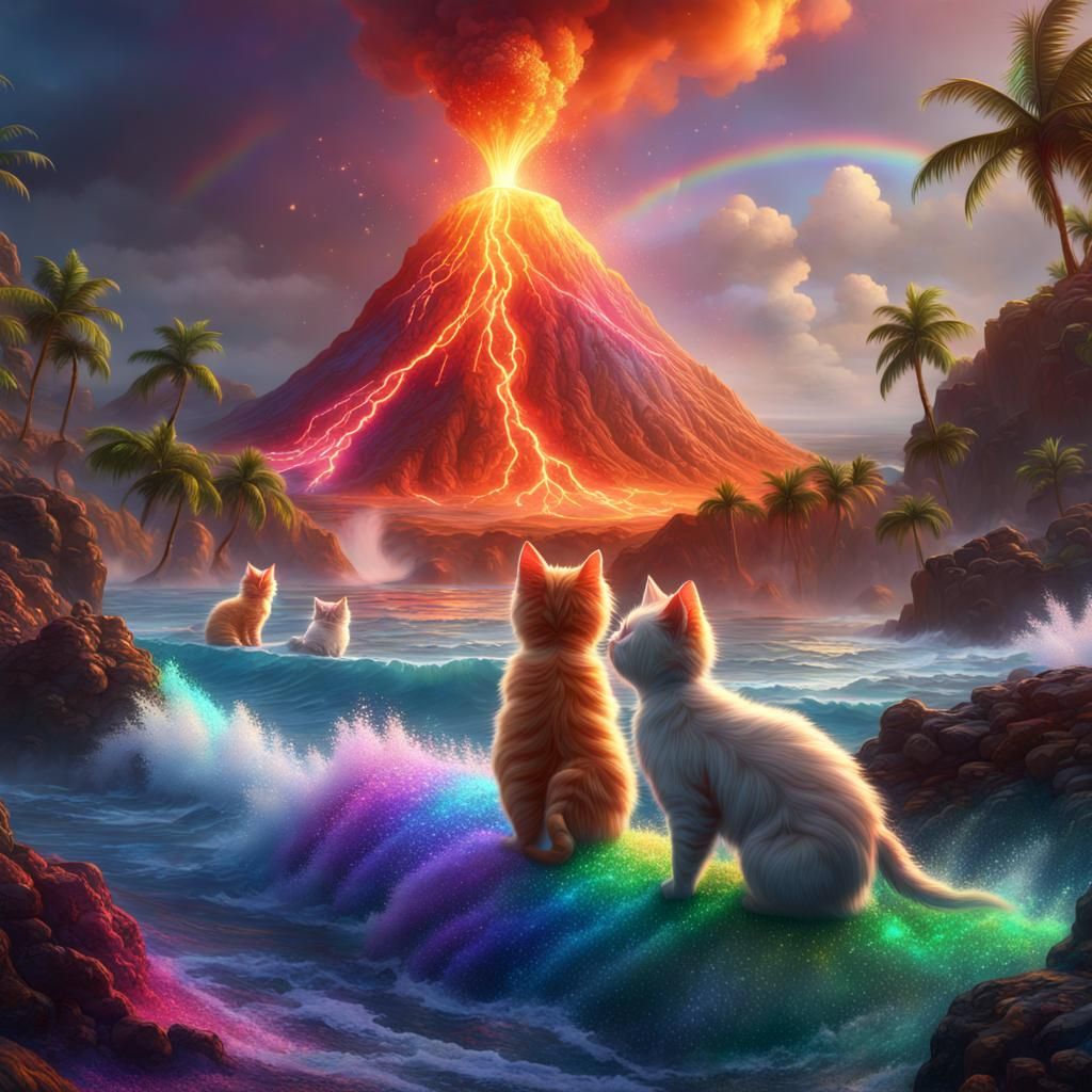 Fantastical Volcano Scene with Glittery Kitten Spectacle