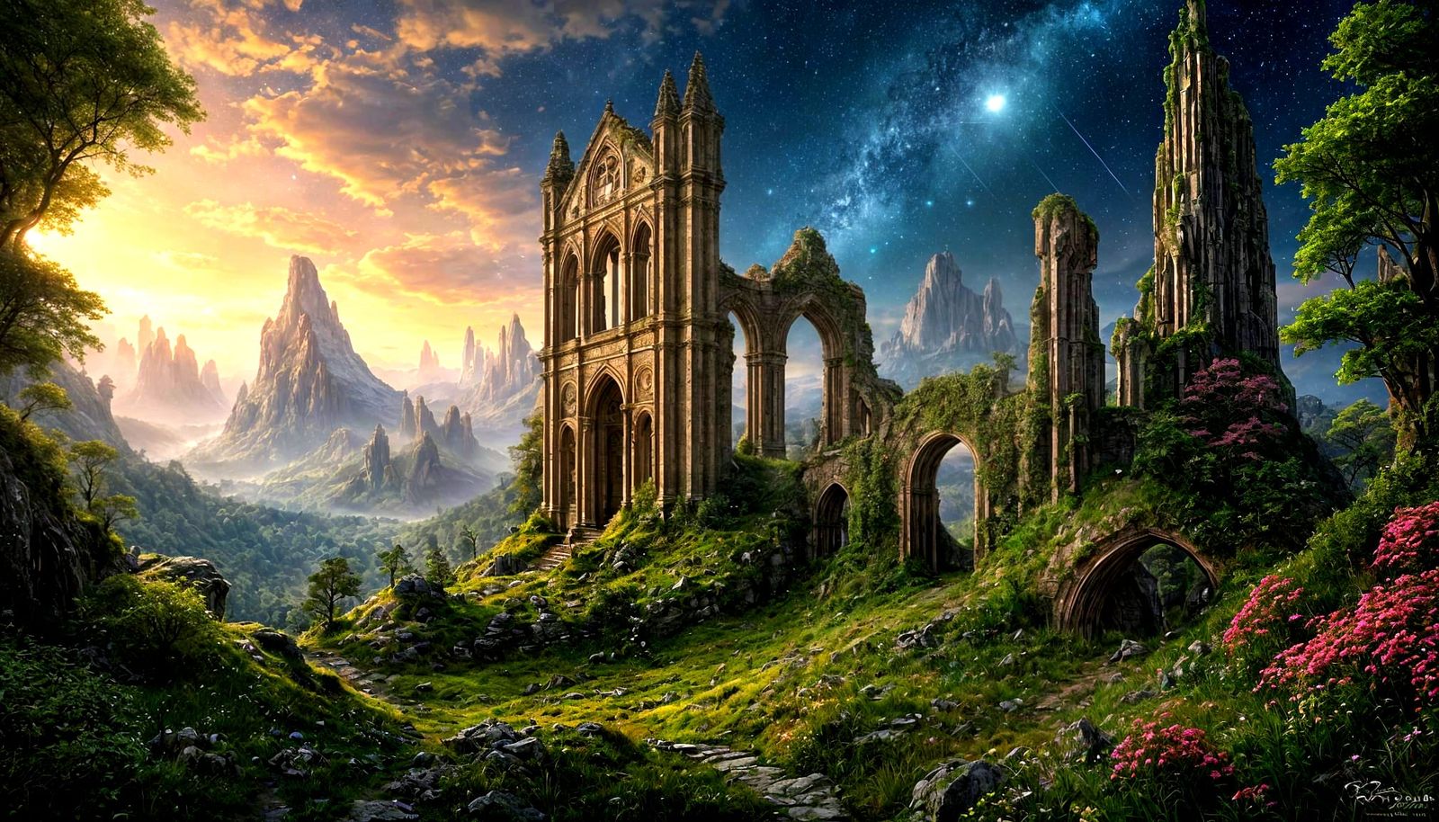 Nebula Over Ancient Elven Ruins: Cosmic Surrealism