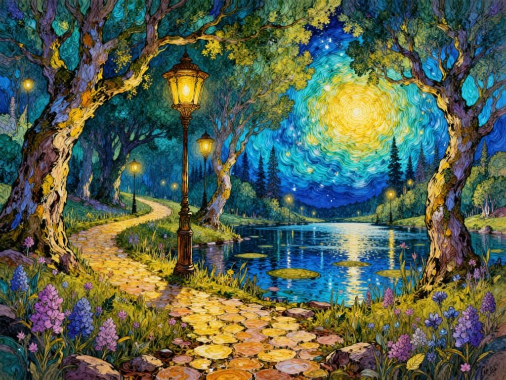 Enchanted Forest with Glowing Lanterns in Van Gogh Style