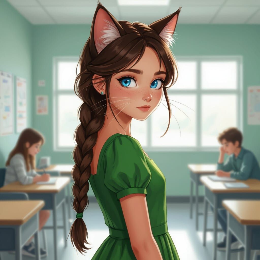 Girl-Cat Hybrid in School, Detailed Illustration