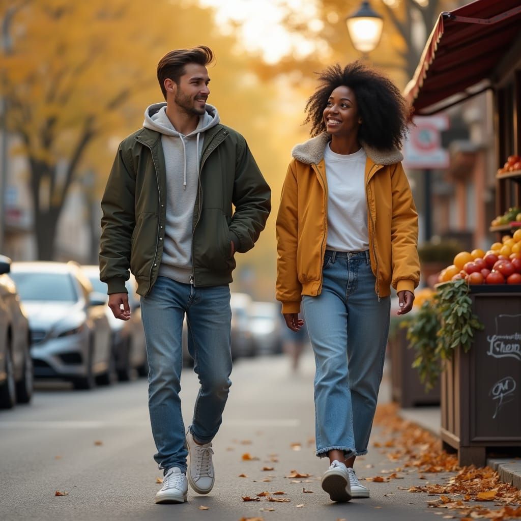 Realistic Photo of Couple Walking by Fruit Stand in Autumn