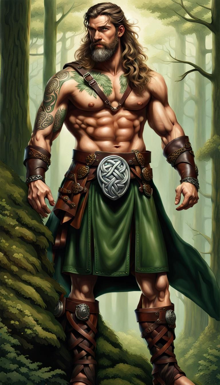 Vigorous Celtic Warrior-Druid Emerges from the Forest