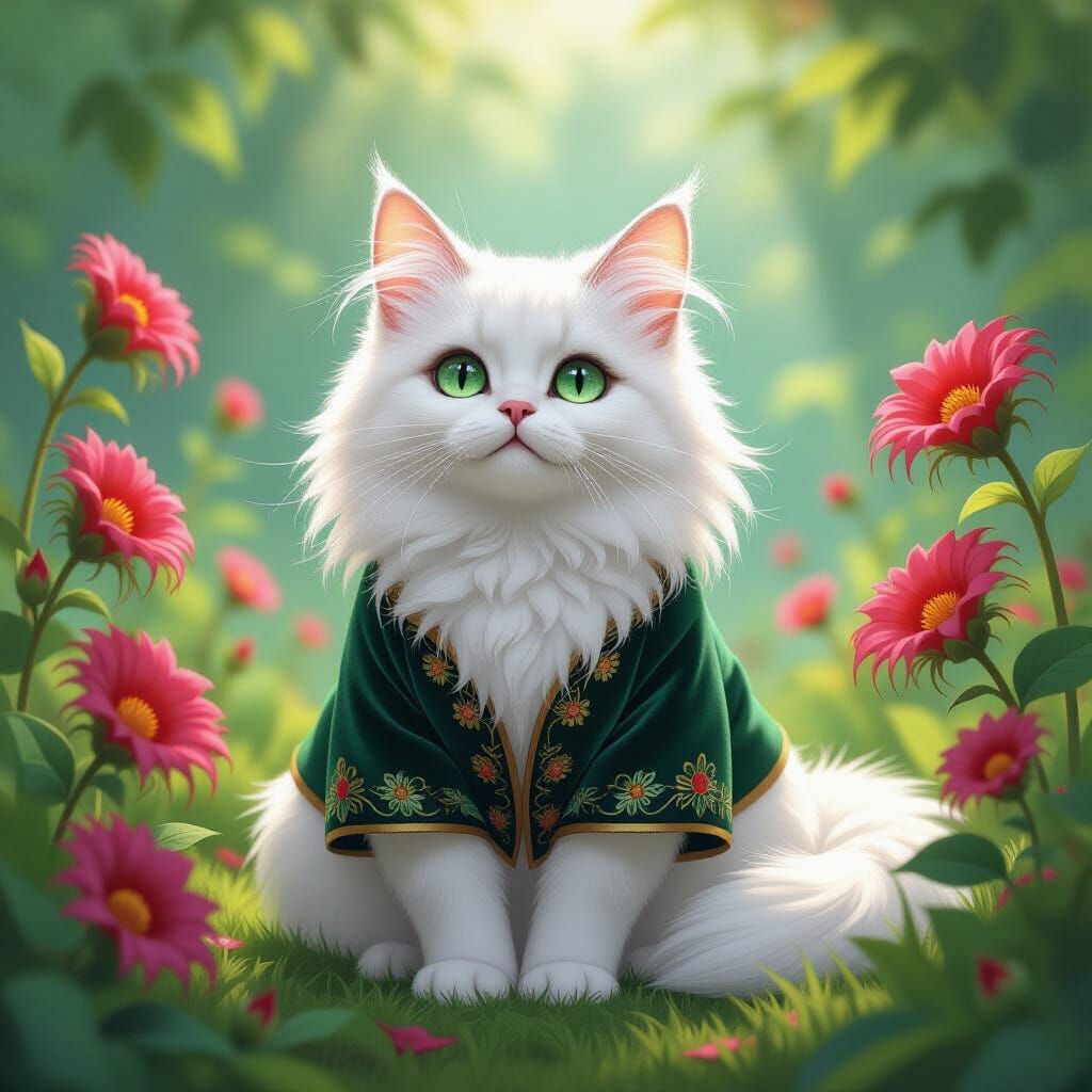White Cat in Carnivorous Garden, Studio Ghibli Style