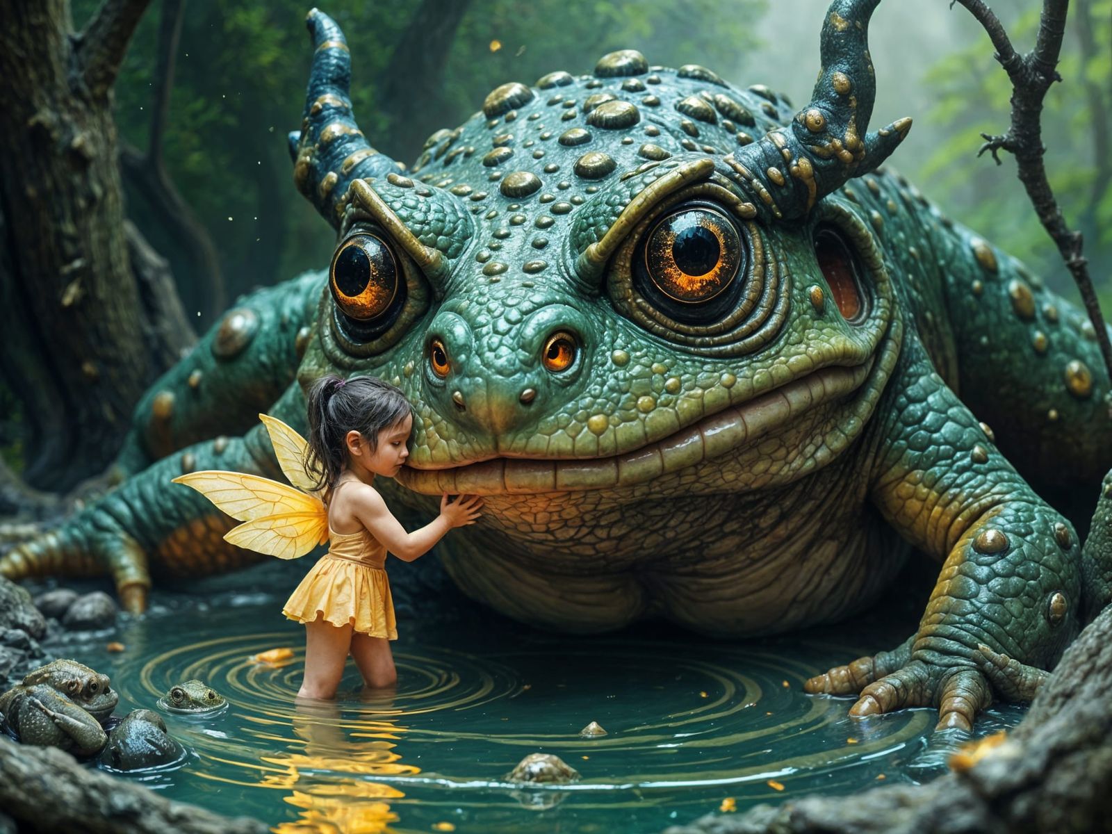 Fairy Embraces Swamp Toad in Gloamcore Illustration