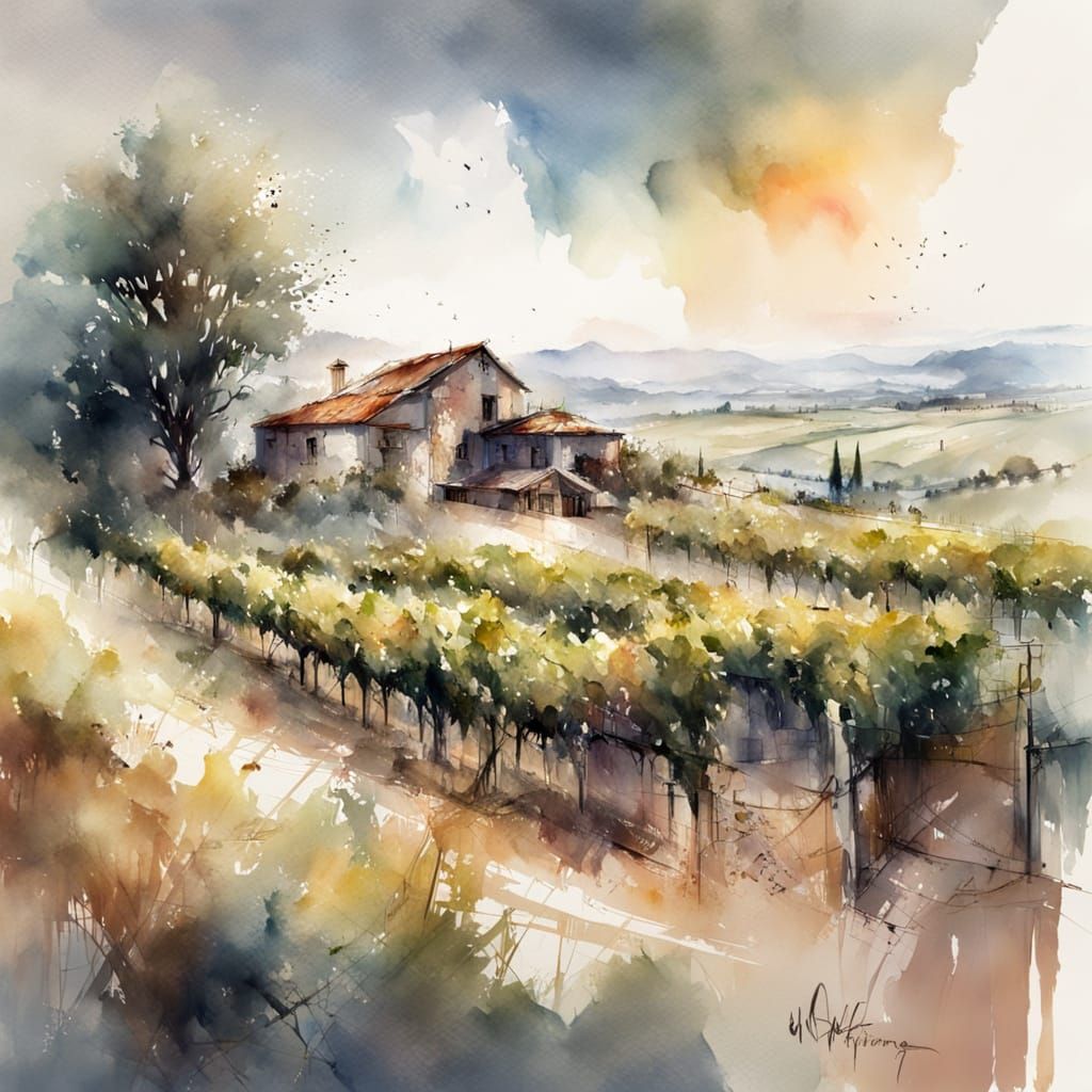 Vineyard Landscape in Expressive Watercolor
