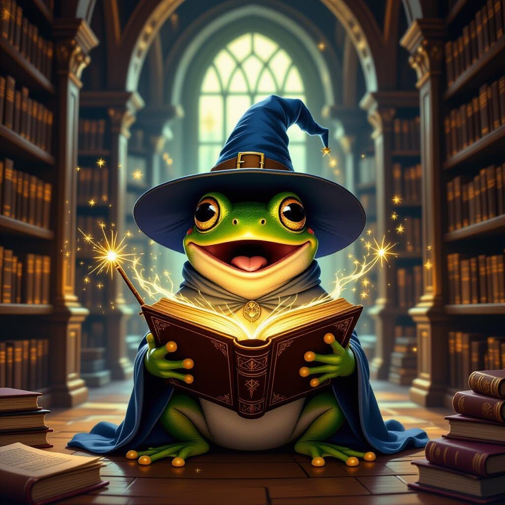 Frog Wizard Discovers Glowing Spellbook in Enchanted Library