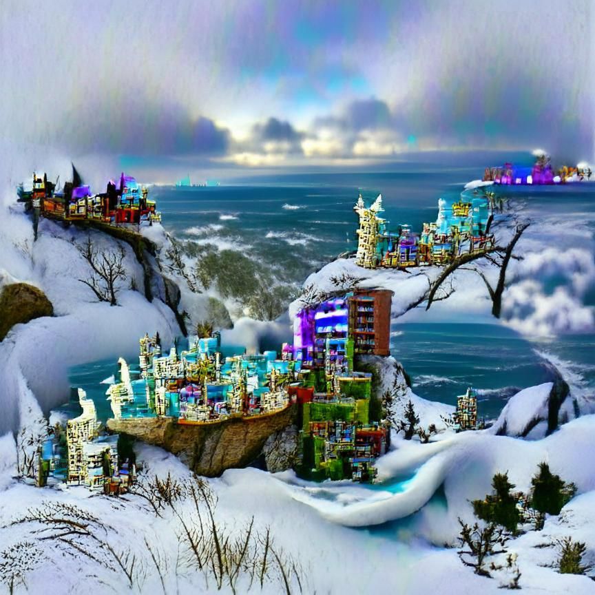 Surreal Fantasy Metropolis Perched on a Coastal Cliffscape