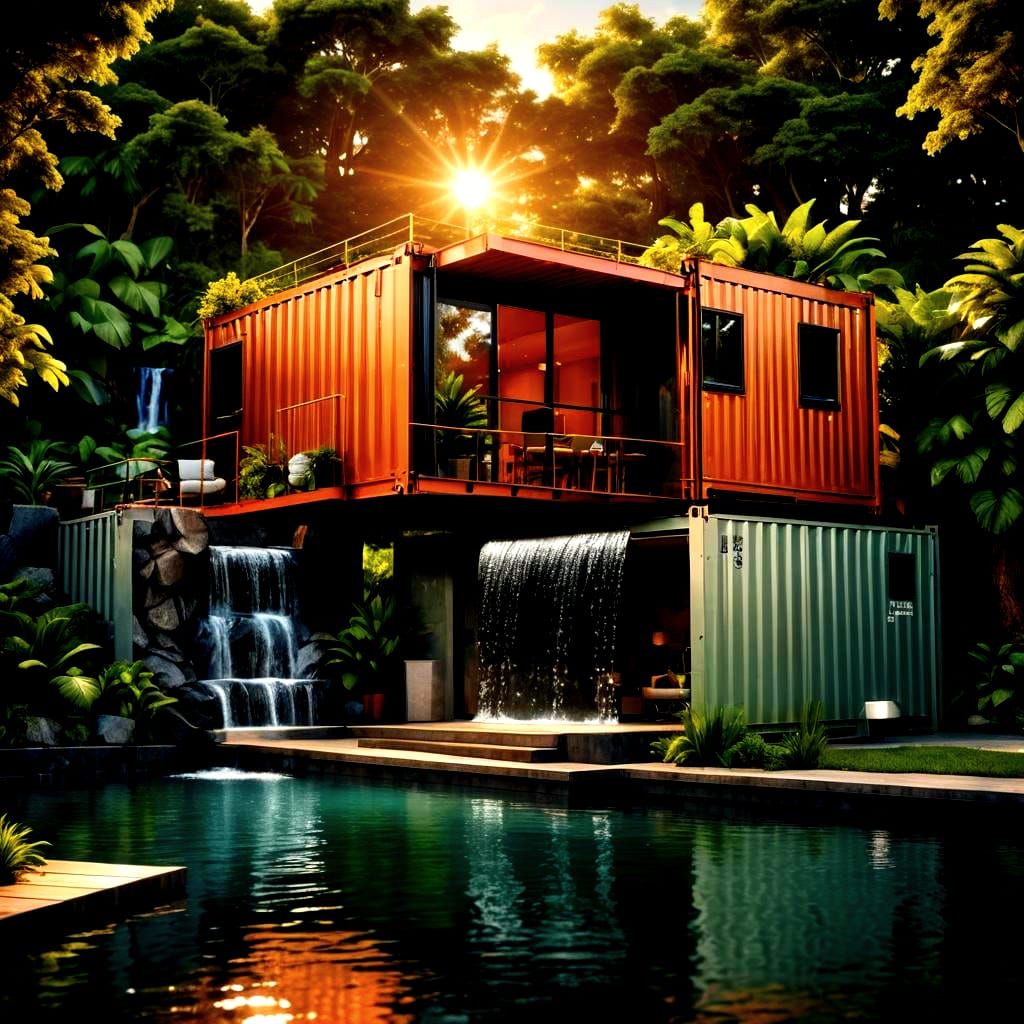 Shipping Container Home with Waterfall Pool in Hyperrealisti...