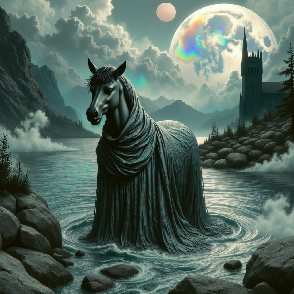 Ethereal Kelpie Emerges from Scotland's Misty Lochs in Cyber...