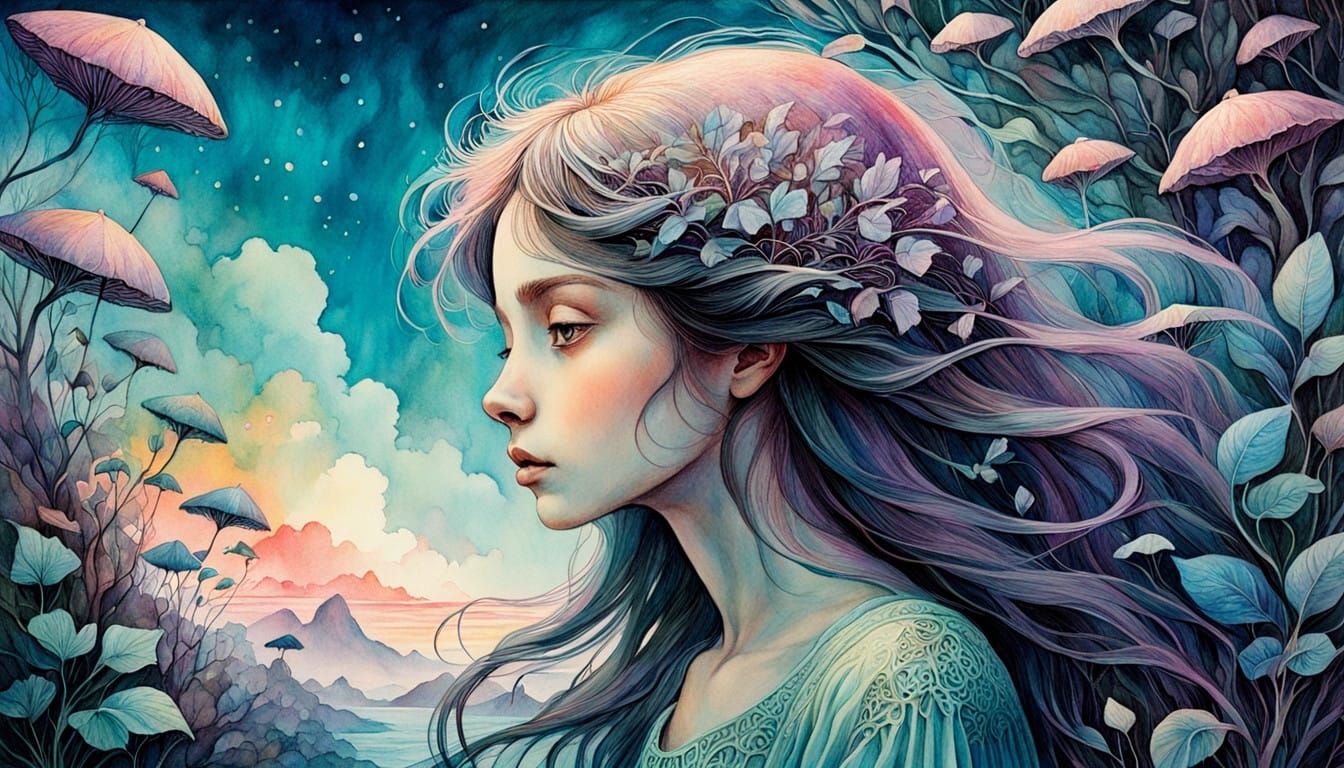 Dreamy Woman in Whimsical Landscape, Oil Paint Style