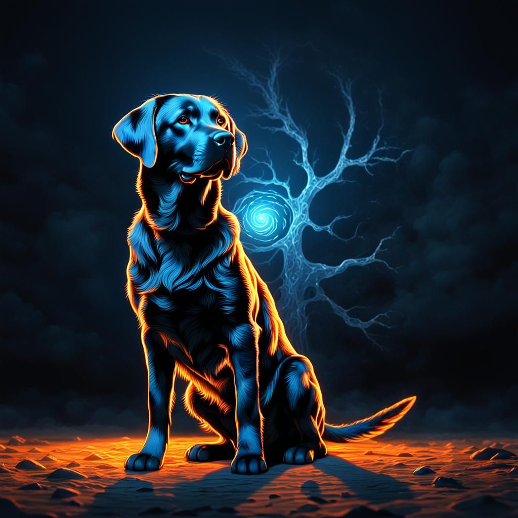 Glowing Labrador Retriever in Warm Fantasy Landscape