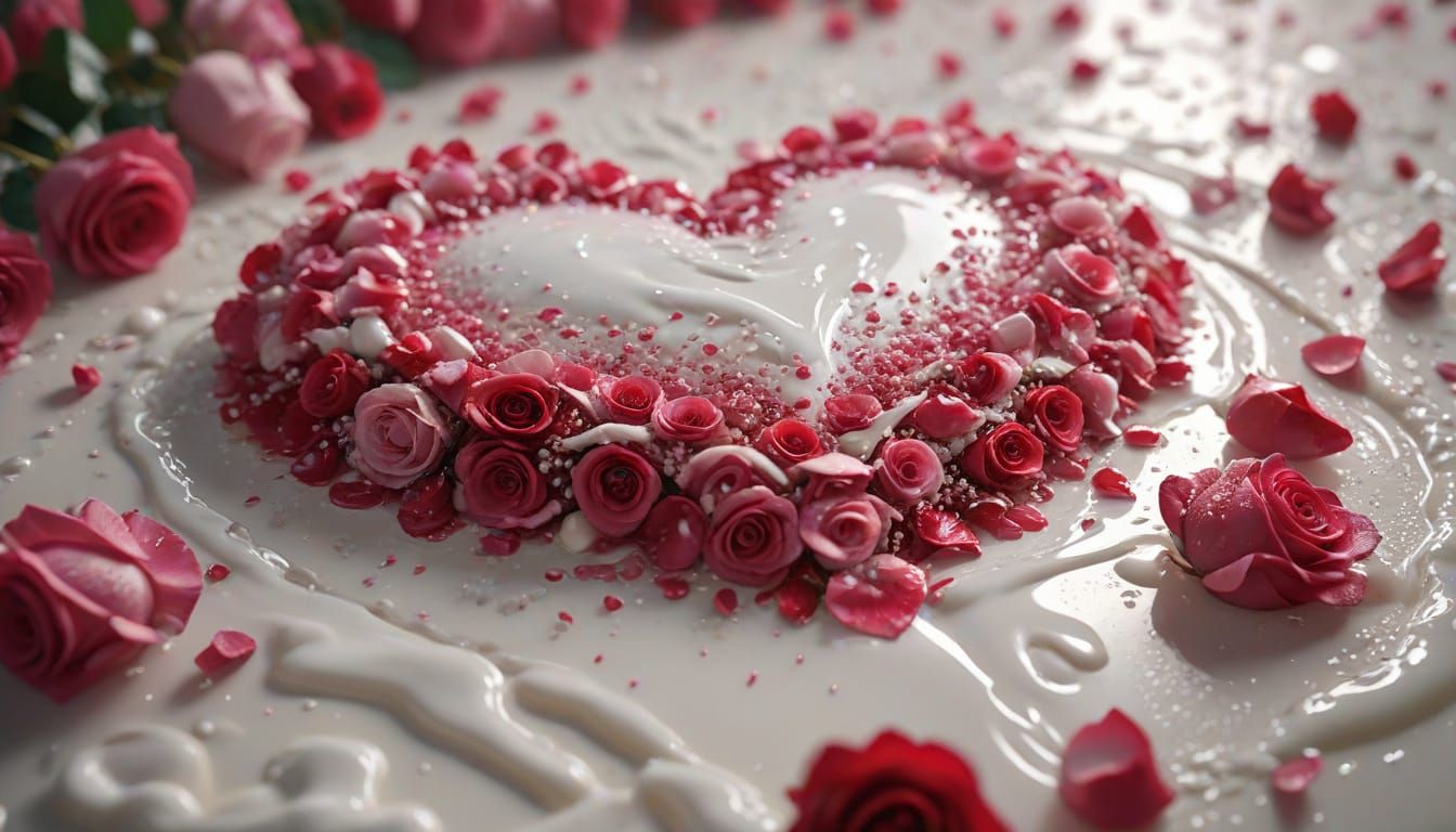 Elegant Art Deco Heart Made of Roses in a Sea of Fresh Milk
