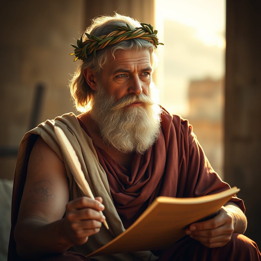 Epic Poet Homer Composes the Iliad in Ancient Greek Attire