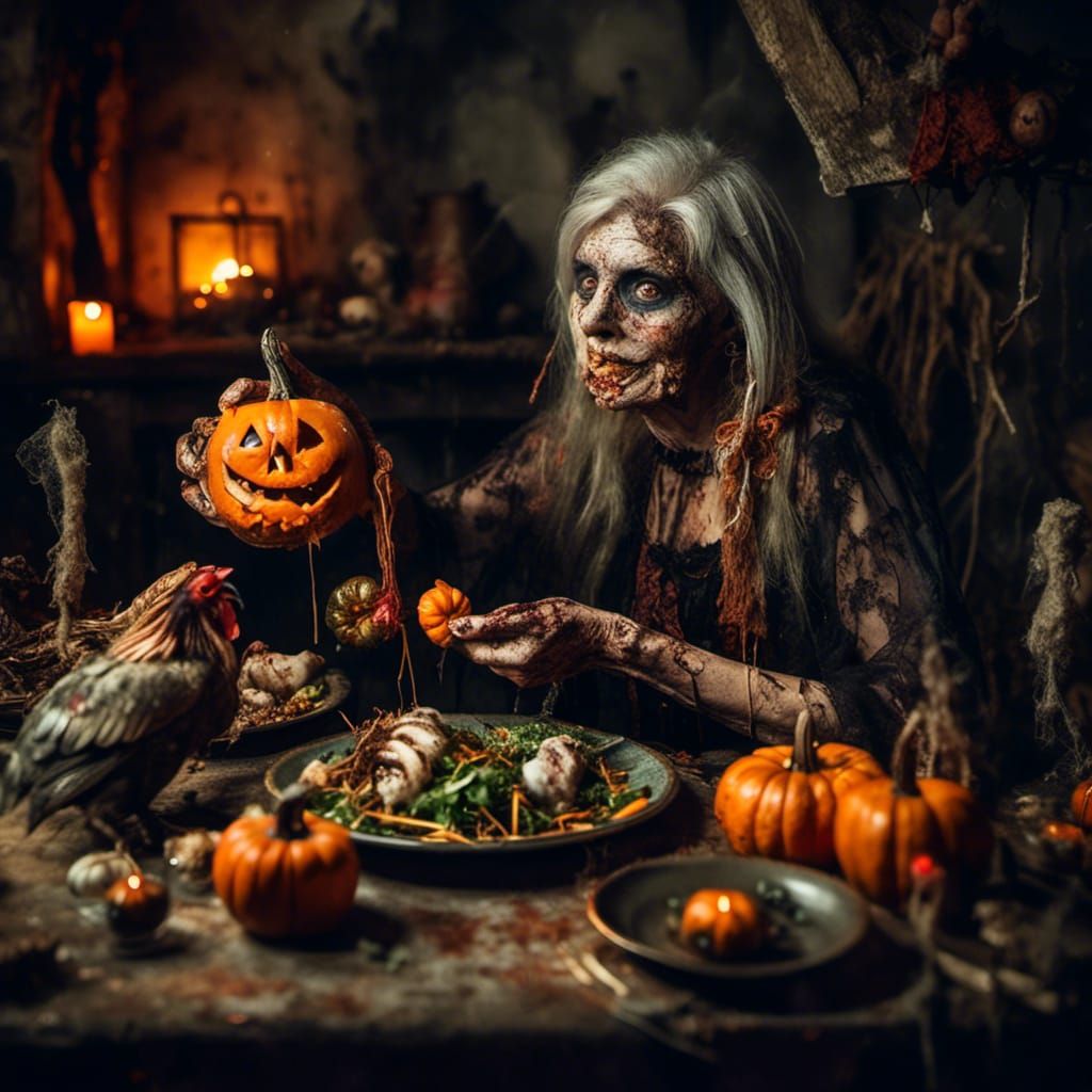 Surreal Baba Yaga Halloween Scene in Macabre Style
