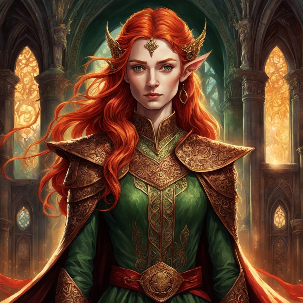 Majestic Half-Elf Wizardess in Crimson Attire