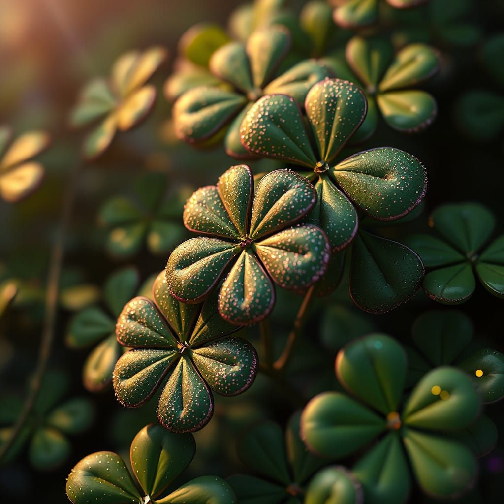 Surreal Glittering Four Leaf Clovers in a Fantastical Landsc...