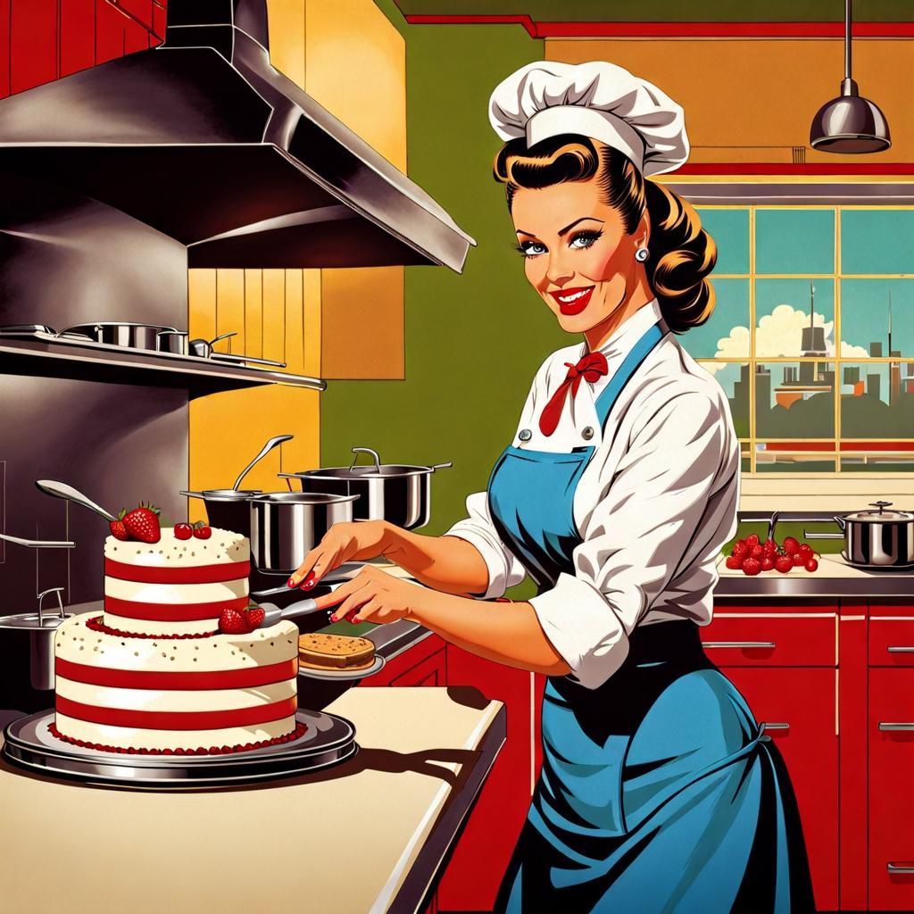 Glamorous 1950s Pin-Up Chef in the Kitchen