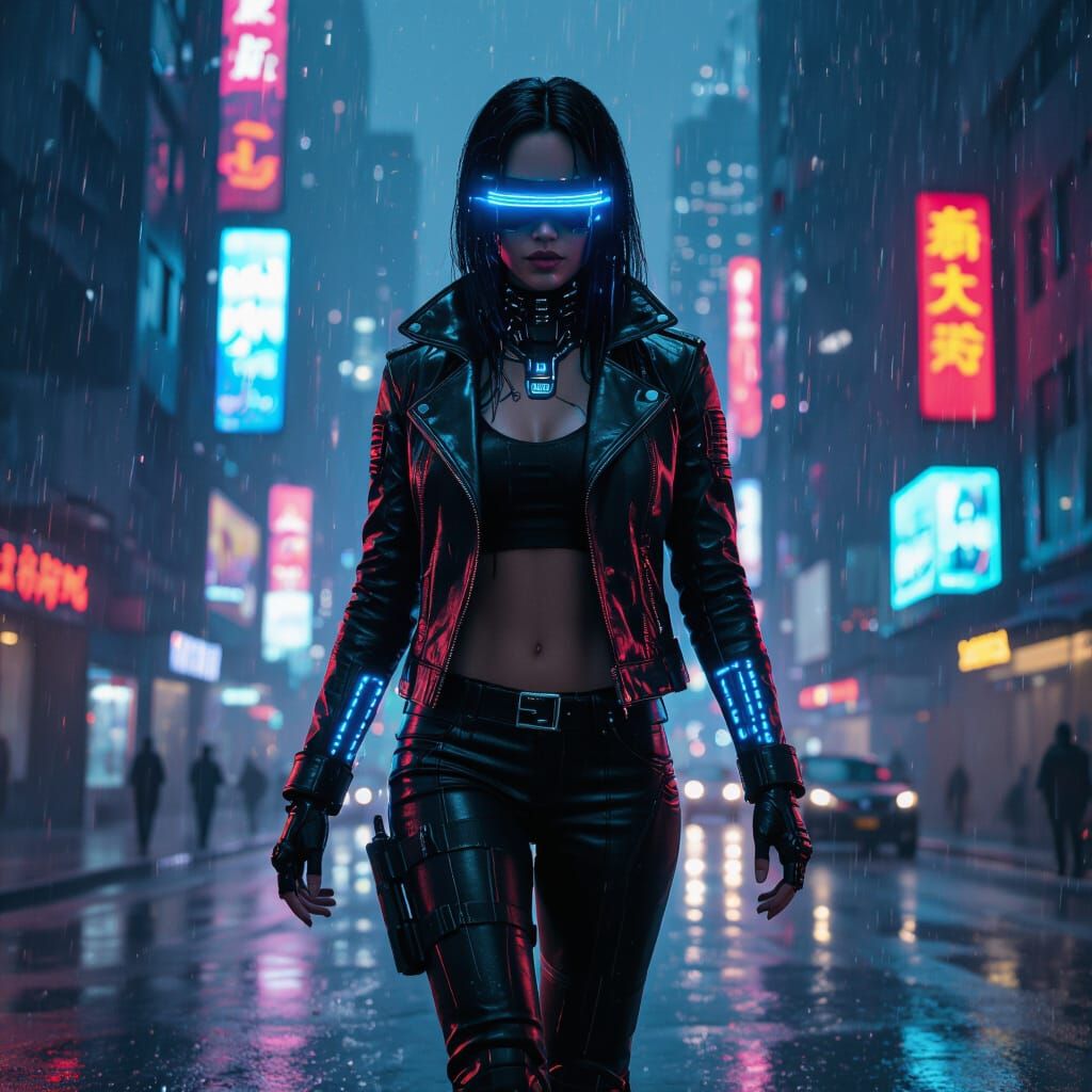 Cyberpunk Woman in Rainy Futuristic Cityscape