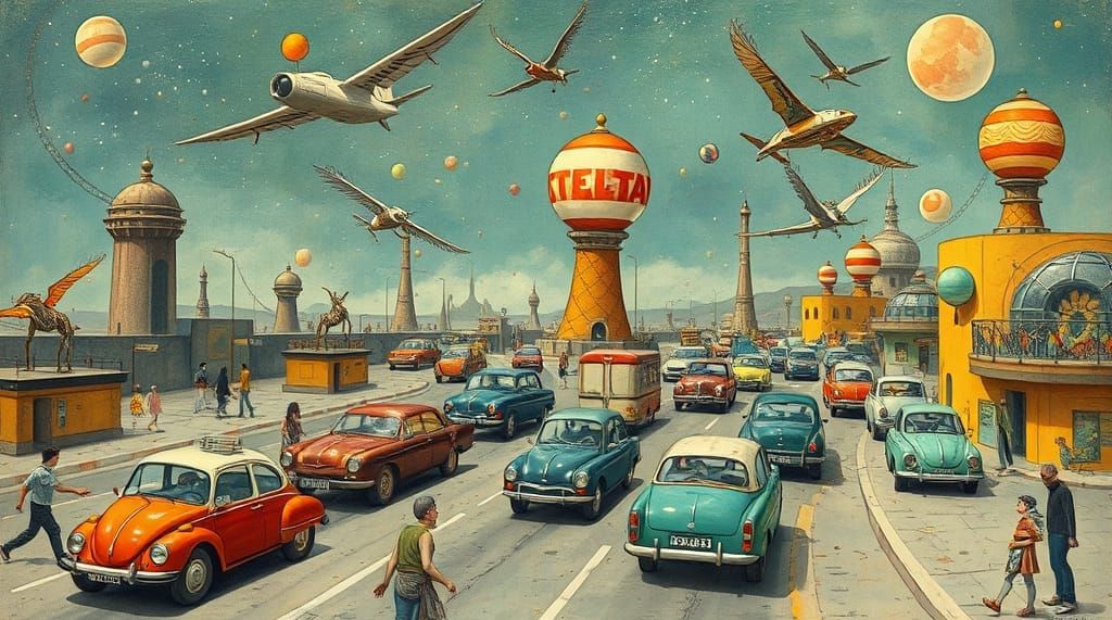 Whimsical Futuristic Spaceport with Flying Cars and Aliens