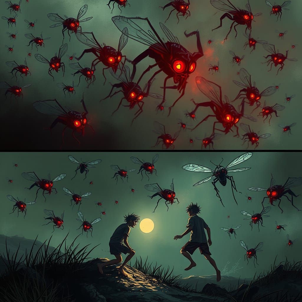 Menacing Mosquito Swarms in Dramatic Illustration Style
