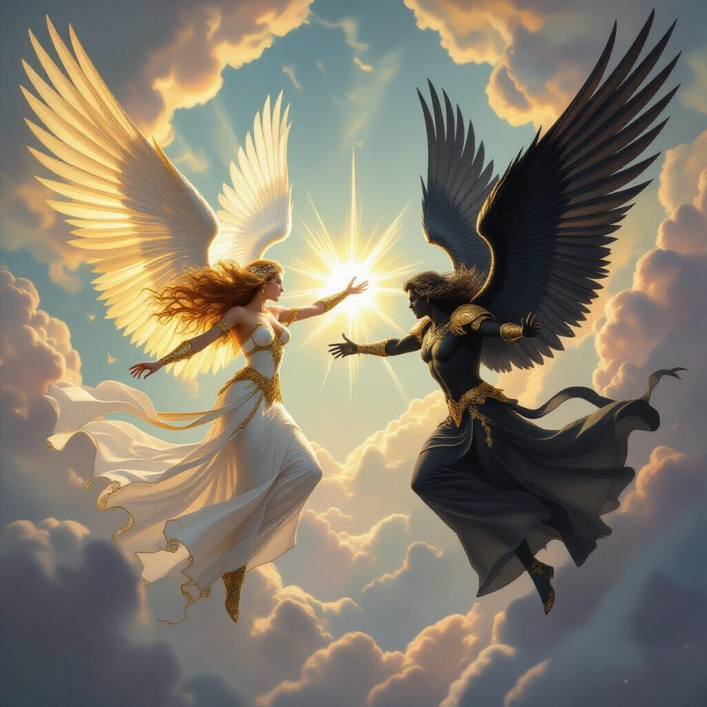 Archangel Battles Dark Angel Above Earth in Epic Fantasy Sty...