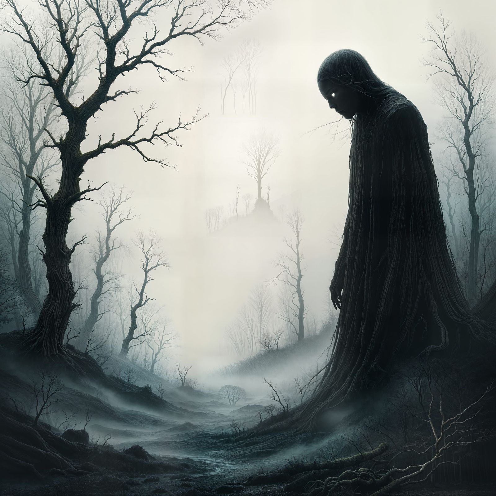 Dark Fantasy Forest with Shadow Figure in Beksinski Style