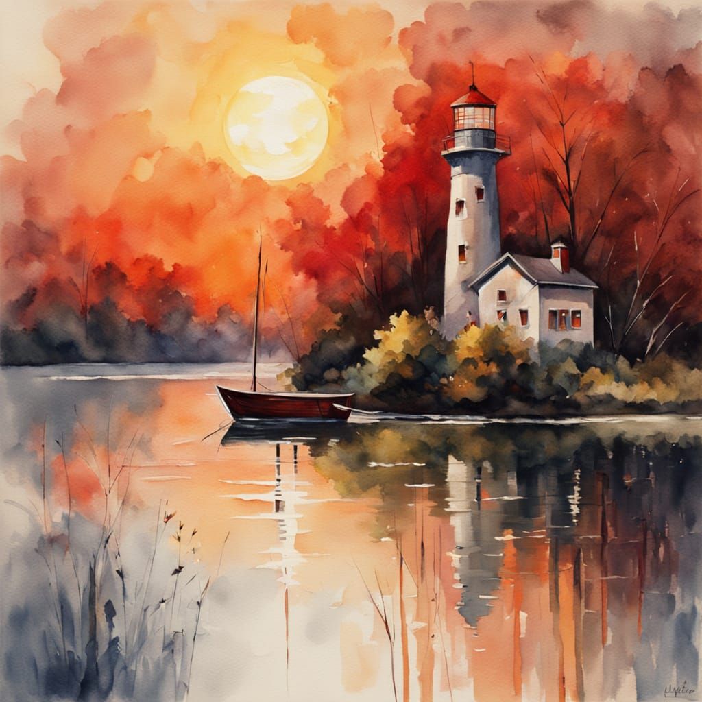 Mystical Red Moon Rises Over Serene Lake Landscape in Impres...