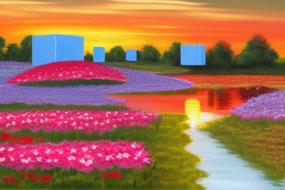Vibrant Sunset Landscape with Cubic Blooms