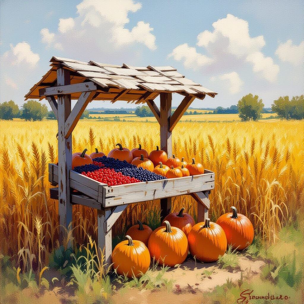 Rustic Farmstand in Wheat Field: Impressionist Painting