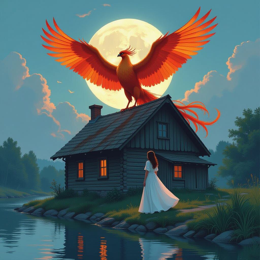 Phoenix and Woman by River in Realistic Style