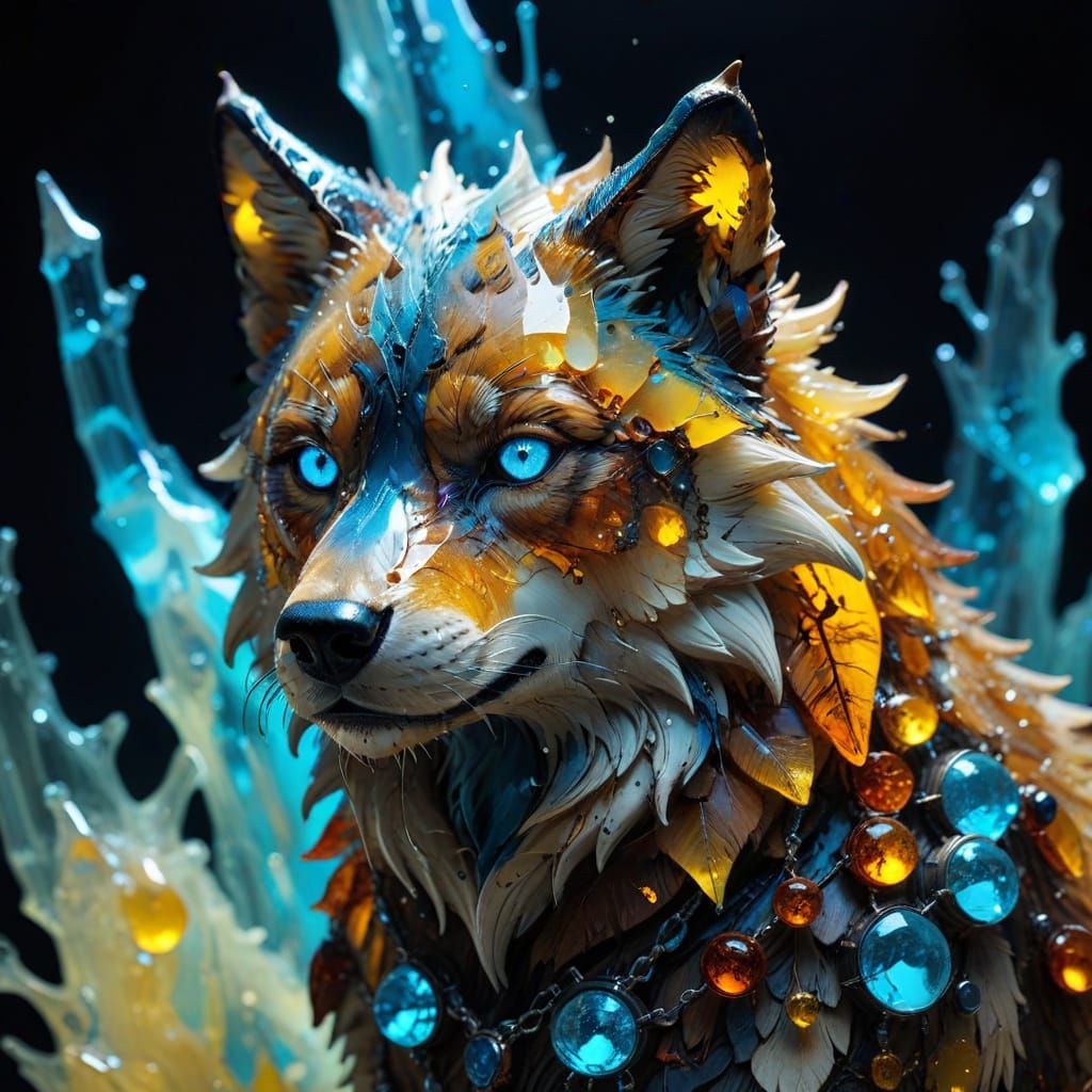 Surreal intricate Mysterious Wolf Pin-up in bioluminescent,...