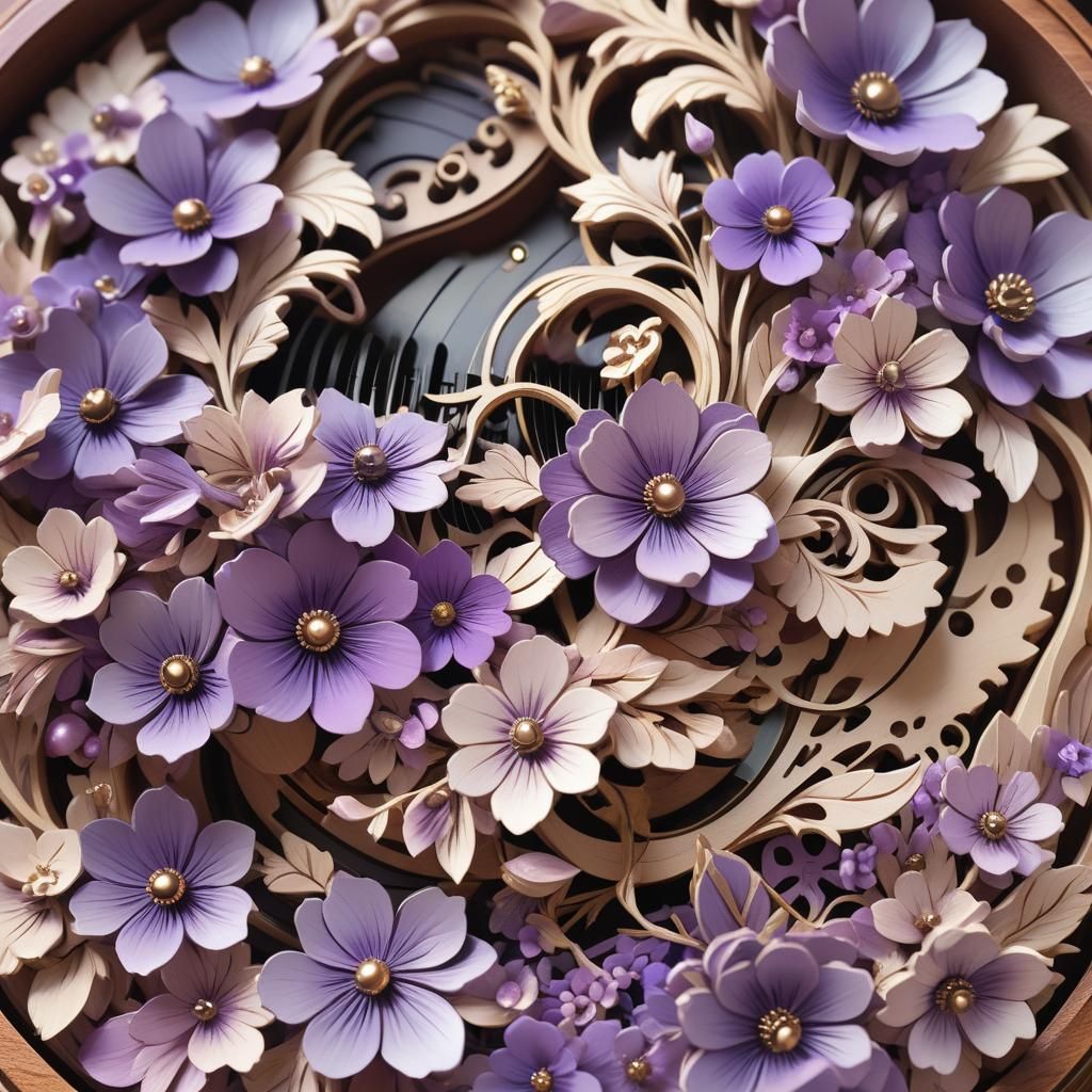 Intricate Wooden Music Box Blooms with Vibrant Purple Flower...