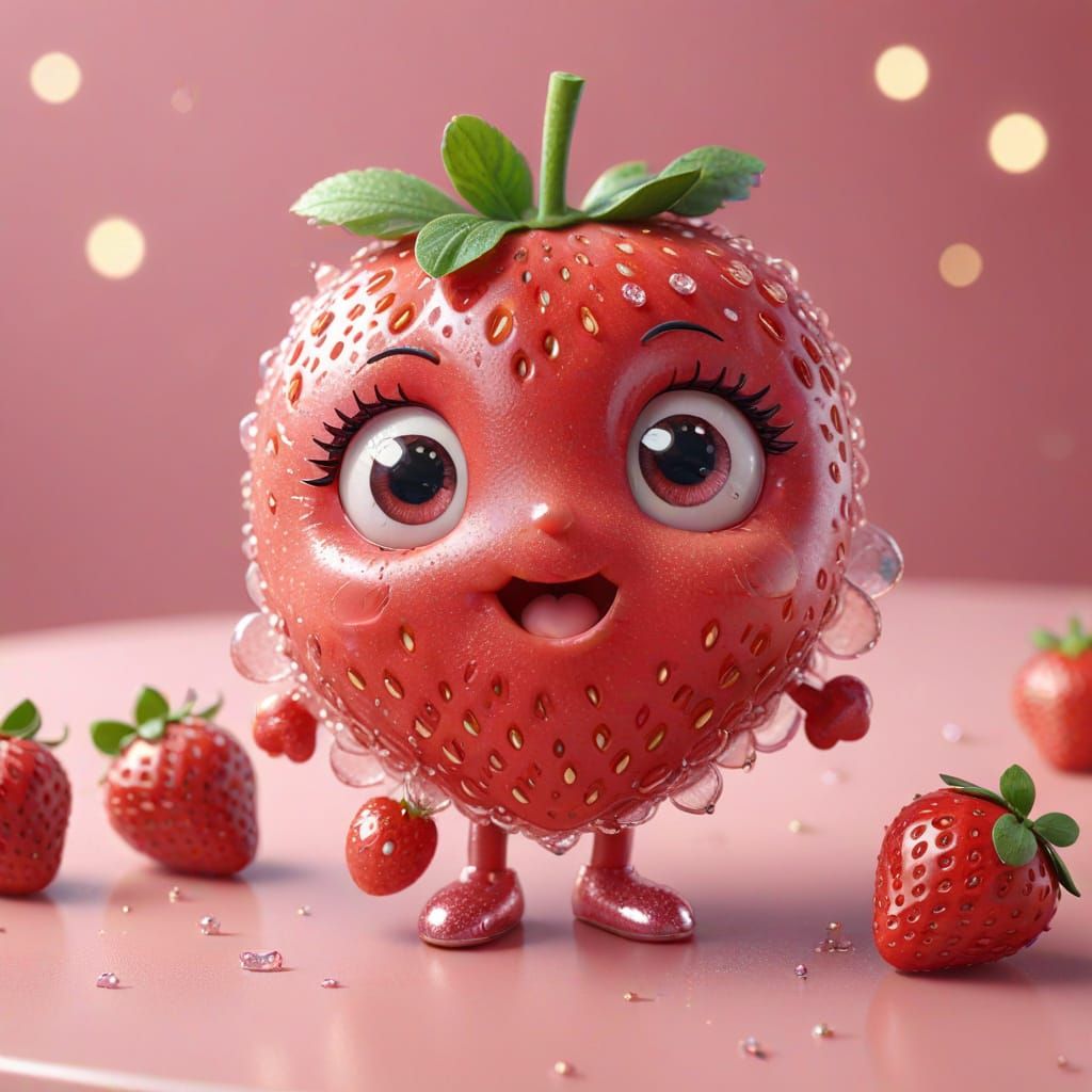 Happy Kawaii Strawberry Character in 3D Render