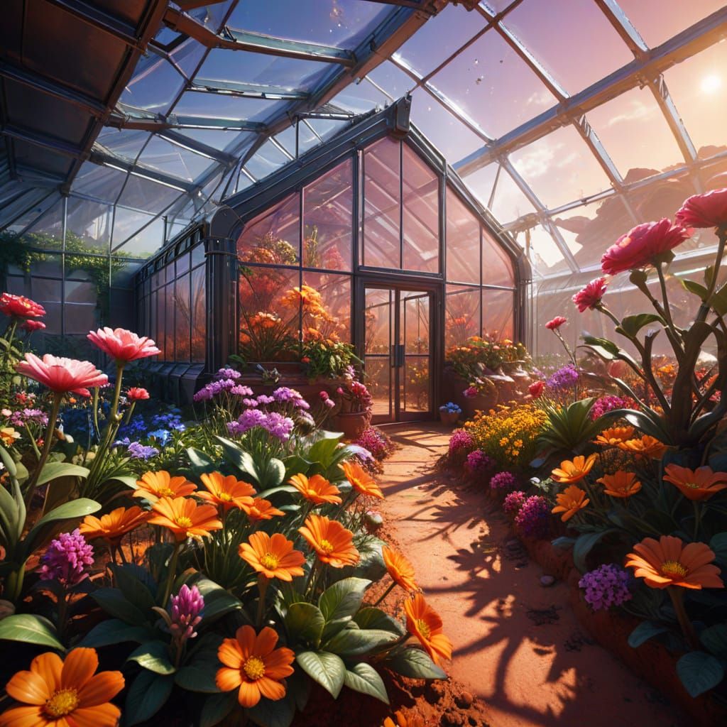 Mars Greenhouse of Vibrant Earthly Blooms in Cyberpunk Digit...