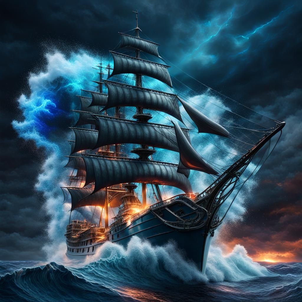 Hyperrealistic Ocean Storm with Glass Frigate and Blue Fire